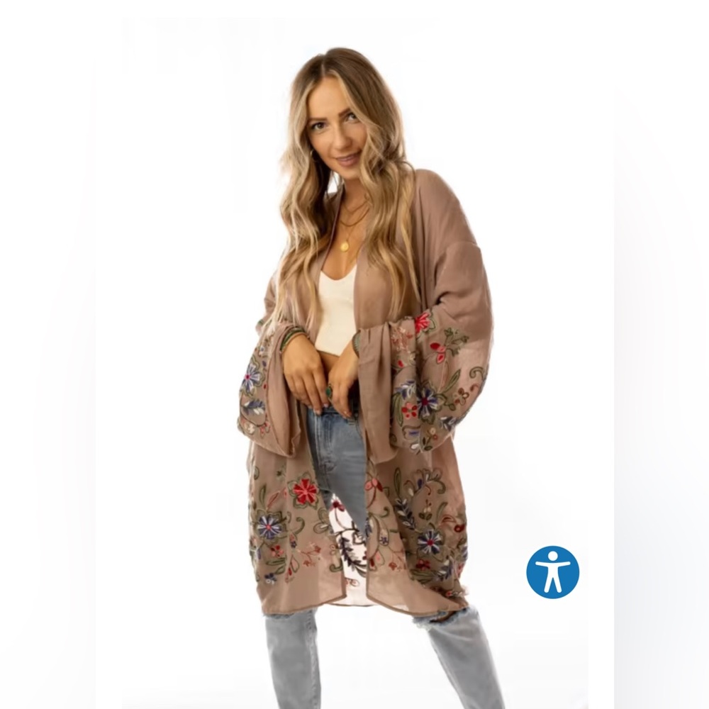 Three Bird Nest Fun in Florals kimono, size S, mocha